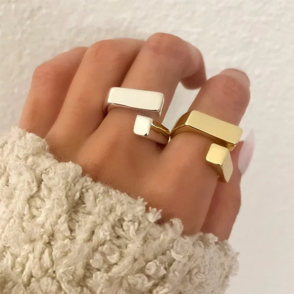 925 Sterling Silver Chunky Ring Thick Bold Double Bar Ring Geometric Ring Band - Picture 1 of 5